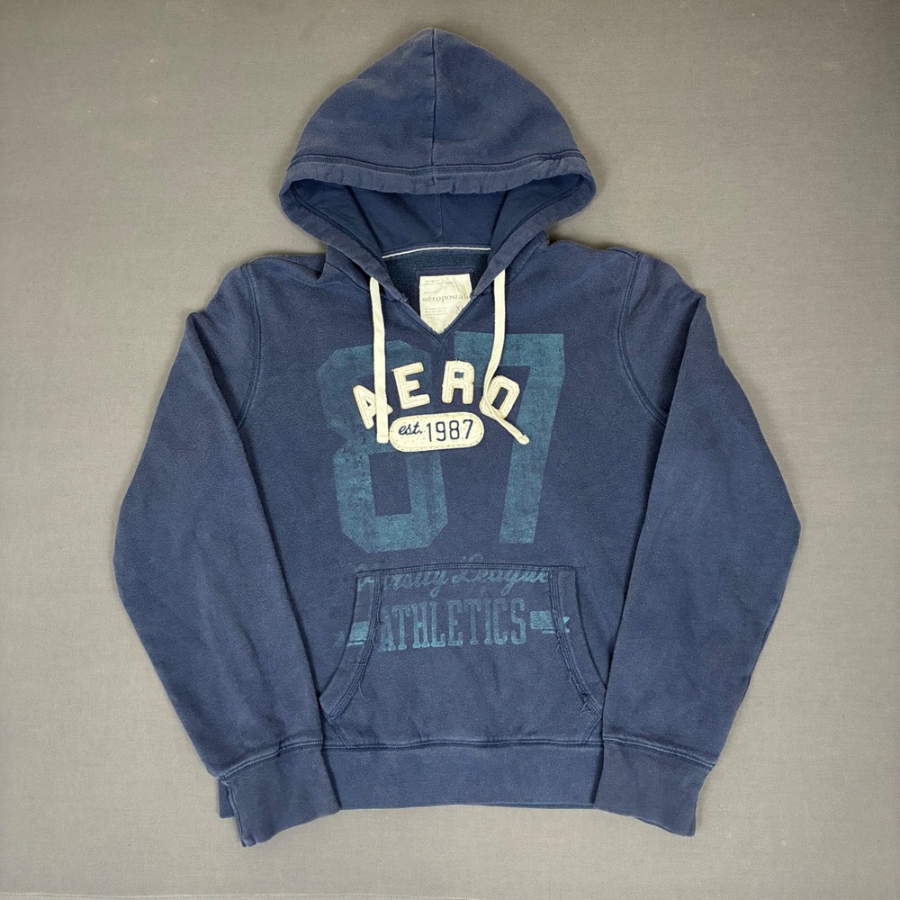 Y2K Aeropostale Athletics Pullover Drawstring Hoodie Women's Medium Navy Blue